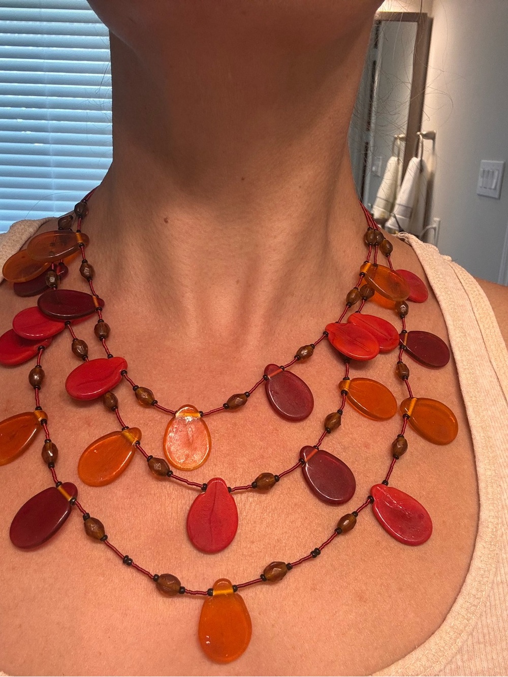 Vintage Multi-Strand Red & Orange Teardrop Statement Necklace